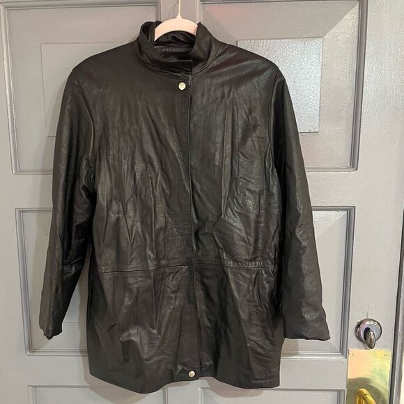 Damselle Black Vintage Leather Matrix Leather Chore Jacket Hidden Buttons Sz M - Picture 1 of 6